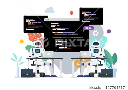 Androids programmer writing code on laptop together. 127705217