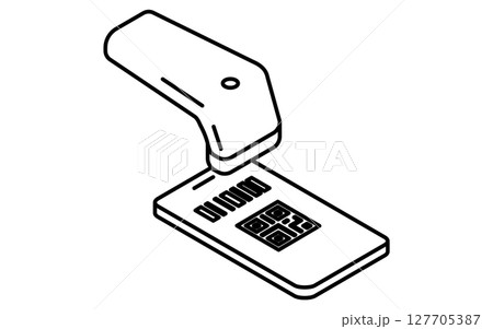QRコード決済するスマホとバーコードリーダーのシンプルな線画アイコン(アイソメトリック)、白黒 QRコード決済するスマホとバーコードリーダーのシンプルな線画アイコン(アイソメトリック)、白黒 127705387