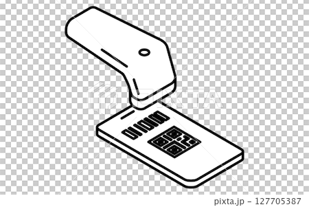 QRコード決済するスマホとバーコードリーダーのシンプルな線画アイコン(アイソメトリック)、白黒 QRコード決済するスマホとバーコードリーダーのシンプルな線画アイコン(アイソメトリック)、白黒 127705387