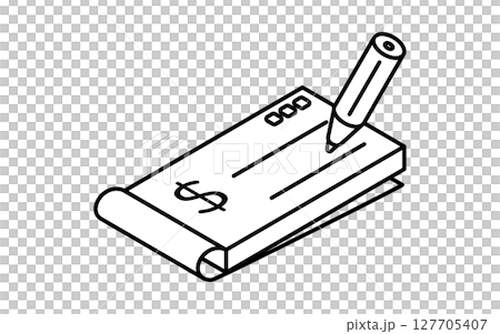 小切手帳にサインするシンプルな線画アイコン（アイソメトリックイラスト）、白黒 127705407