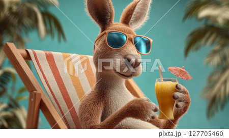 Kangaroo in sunglasses holds a cooling cocktail in his paws and lies on a sun lounger under palm trees, summer atmosphere 127705460