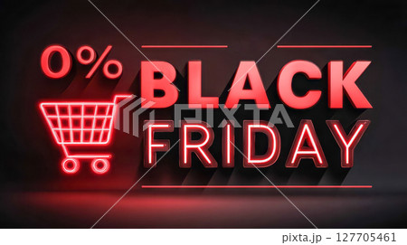 Black Friday sale banner design with vibrant red and black colors, glowing discount percentages, graphic shopping cart icons 127705461
