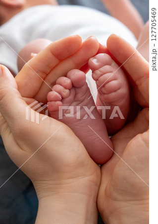 Tender Moment: Adult Hands Holding Newborn Baby Feet 127705469