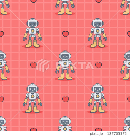 Seamless pattern Futuristic Robot on checkered red background with hearts. Virtual Technology funny Assistant. Vector illustration. Kids collection. Not AI 127705573