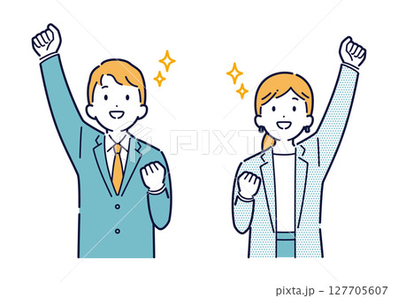 やる気いっぱいに腕を上げるビジネスパーソンのイラスト 127705607