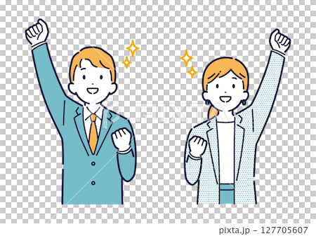 やる気いっぱいに腕を上げるビジネスパーソンのイラスト 127705607