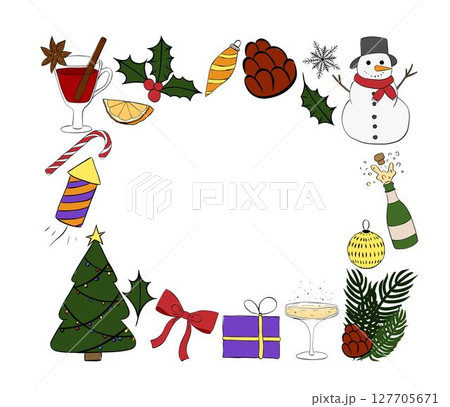 Happy Holidays Winter Holiday oval in rectangle Frame template. Vector graphic line ink illustration. Christmas wreath. New Year For poster, flyer, banner, invitation, social media, party or sale 127705671
