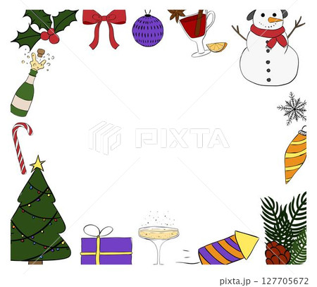 Christmas items rectangle Frame template. Vector graphic line ink illustration. Banner, poster, wrapping paper, sticker, print, modern textile design. For logo, web, package, sticker. 127705672