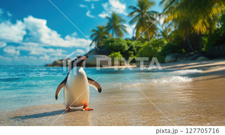 Penguin standing on tropical beach shoreline with turquoise water, palm trees, and blue sky. Unusual animal environment contrast. Summer vacation concept. 127705716