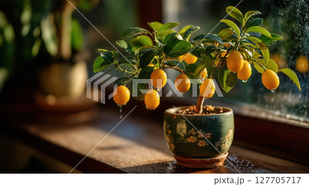 Small kumquat tree in a ceramic pot with ripe orange fruits and water droplets on leaves, standing on a windowsill in warm natural light. Indoor gardening. 127705717