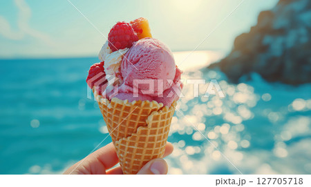 Close-up of a hand holding a waffle cone with pink and white ice cream topped with raspberries and fruit, with the ocean and sunlight in the background. Summer treat. 127705718