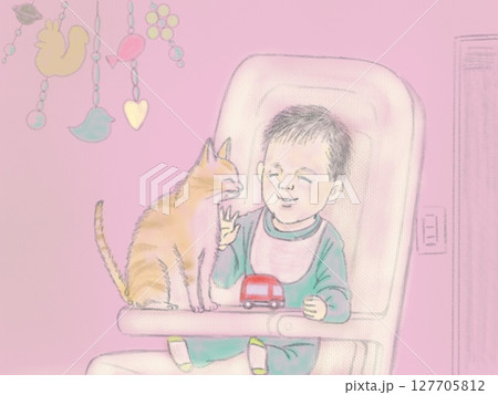 ベビーチェアに乗って遊ぶ赤ちゃんと猫 ベビーチェアに乗って遊ぶ赤ちゃんと猫 127705812