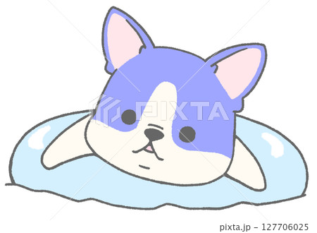 うきわで浮かぶフレンチブルドッグ(パイド・青色) 127706025