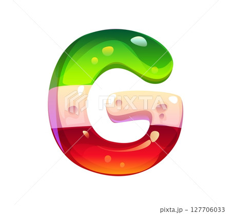 Candy font of gummy jelly letter for sweet dessert type and confectionery typeface, vector English alphabet. Candy font letter G as jelly marmalade or caramel lollipop and gummy jelly dessert Candy font of gummy jelly letter for sweet dessert type and confectionery typeface, vector English alphabet. Candy font letter G as jelly marmalade or caramel lollipop and gummy jelly dessert 127706033