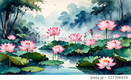 Pink lotus beautifully on a pond, their petals unfurling in the summer sun, showcasing nature's delicate aquatic flora 127706039