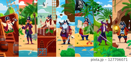 Cartoon funny pirate or corsair sailor characters collage with maritime scenes. Vector fantasy rovers and captains engaged in treasure hunt on tropical island, capturing spirit of fun nautical tales 127706071