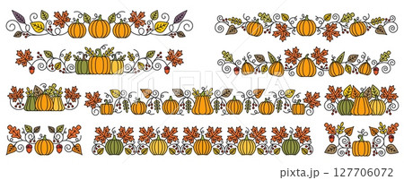 Ornate thanksgiving pumpkin and harvest dividers borders. Cartoon vector trims with fall leaves, acorns, berries and curly vines. Autumn decorative elements for seasonal holiday greeting or invitation 127706072