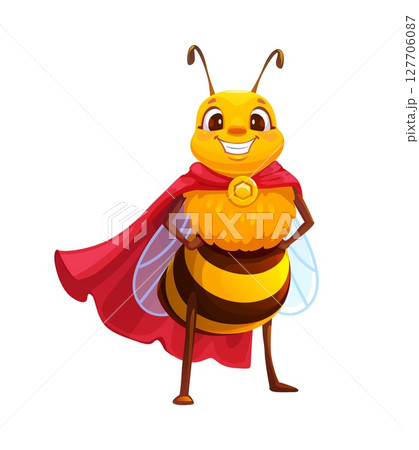 Cartoon honey bee superhero standing in red cape, smiling happily with hands on hips. Cheerful vector insect personage ready to protect apiary, represents bravery, strength and beekeeping adventures 127706087