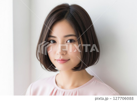 白い壁の室内にてカメラ目線で優しい表情を見せる、ダークブラウンのストレートボブの女性 白い壁の室内にてカメラ目線で優しい表情を見せる、ダークブラウンのストレートボブの女性 127706088