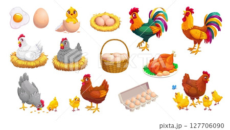 Cartoon hen and rooster characters with chicks and eggs, vector poultry farm, chicken birds and food. Farm animals personages of cute chicken families, roosters, hens on nests and chicks in egg shells Cartoon hen and rooster characters with chicks and eggs, vector poultry farm, chicken birds and food. Farm animals personages of cute chicken families, roosters, hens on nests and chicks in egg shells 127706090