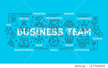 Business team line icons with business people work groups. Vector teamwork, leader and partnership, team work organization and leadership outline symbols set. Employee, conference and meeting icons 127706092