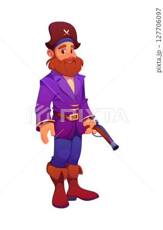 Cartoon medieval pirate and corsair character with bushy beard holding a pistol gun. Vector comic sea rover personage wearing a tricorn hat, long coat, and boots. Bright and funny swashbuckler Cartoon medieval pirate and corsair character with bushy beard holding a pistol gun. Vector comic sea rover personage wearing a tricorn hat, long coat, and boots. Bright and funny swashbuckler 127706097