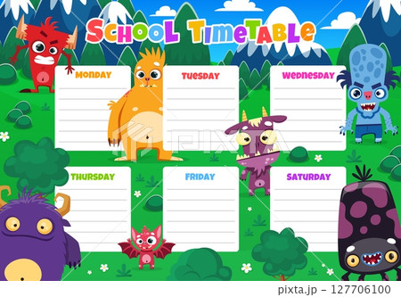 School education timetable schedule with cartoon funny monsters characters. Week planner vector template of kids daily timetable and classes schedule. Cute monsters calendar and student weekly planner School education timetable schedule with cartoon funny monsters characters. Week planner vector template of kids daily timetable and classes schedule. Cute monsters calendar and student weekly planner 127706100