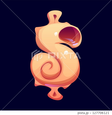 Sea seashell cartoon font punctuation dollar currency symbol. Ocean conch English typeset symbol, coral reef mussel vector typeface sign. Seashell English alphabet font element or kids ABC type mark 127706121