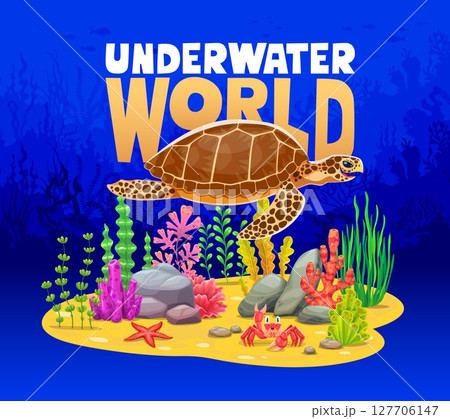 Underwater world banner with a turtle swimming in the ocean landscape with funny sea marine animals as crab and starfish on sandy bottom among coral reefs, bright seaweeds and rocks Underwater world banner with a turtle swimming in the ocean landscape with funny sea marine animals as crab and starfish on sandy bottom among coral reefs, bright seaweeds and rocks 127706147