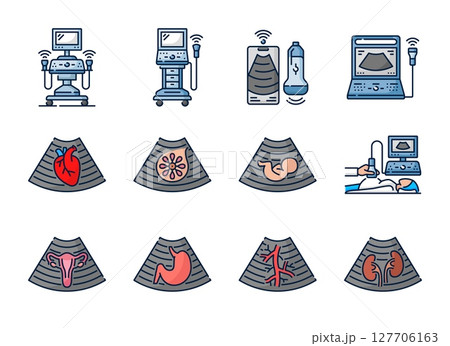 Ultrasound color line icons of medical ultrasonography, sonography or echography. Vector sonograms icons of ultrasonic scanner, ultrasound diagnostic machine and radiology equipment outline symbols Ultrasound color line icons of medical ultrasonography, sonography or echography. Vector sonograms icons of ultrasonic scanner, ultrasound diagnostic machine and radiology equipment outline symbols 127706163