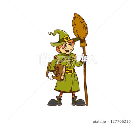 Cartoon groovy Halloween witch character with broomstick and happy smile, holiday vector symbol. Funny groovy witch with spell book, broom and silly face for Halloween holiday cartoon boo character Cartoon groovy Halloween witch character with broomstick and happy smile, holiday vector symbol. Funny groovy witch with spell book, broom and silly face for Halloween holiday cartoon boo character 127706210