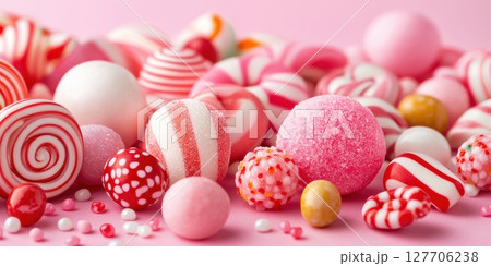 Colorful assortment of candy displayed on a pink surface showcasing a variety of shapes and textures perfect for celebrations and festive occasions Colorful assortment of candy displayed on a pink surface showcasing a variety of shapes and textures perfect for celebrations and festive occasions 127706238