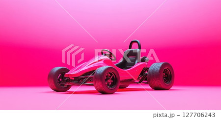 Bright pink go-kart model showcased on a vibrant pink backdrop, emphasizing design and fun in a playful atmosphere perfect for enthusiasts and collectors 127706243