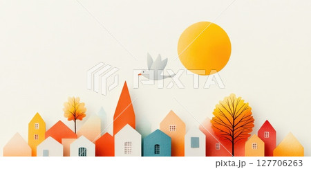 Colorful autumn landscape featuring whimsical houses and a bird flying under a bright sun in a tranquil setting 127706263