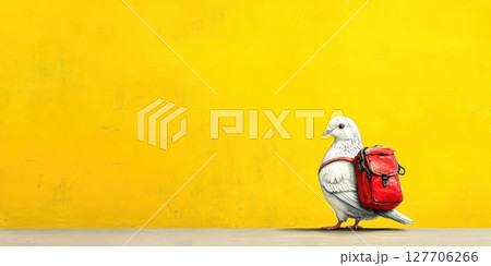 Cute white bird with a red backpack walking against a bright yellow wall in a whimsical urban setting 127706266