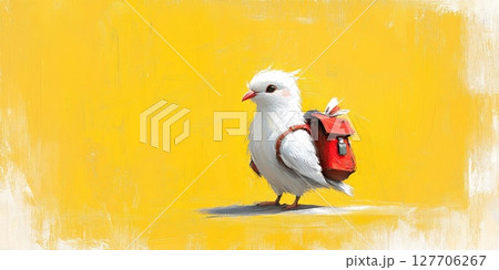 White bird with a red backpack stands on a bright yellow background, ready for an adventure in a whimsical, playful setting that brings joy and imagination 127706267