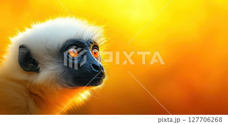 Golden sunlight highlights the expressive face of a primate with striking orange eyes in a serene natural setting during the afternoon 127706268