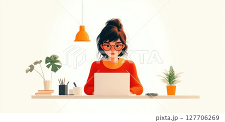 Young woman working on laptop at modern desk in cozy workspace surrounded by plants and desk accessories during the day Young woman working on laptop at modern desk in cozy workspace surrounded by plants and desk accessories during the day 127706269