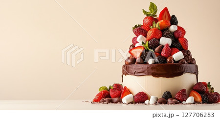 Delicious cake decorated with various berries and marshmallows creates a tempting dessert display on a light background 127706283