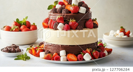 Stunning dessert display featuring a multi-layered cake adorned with fresh strawberries, marshmallows, and chocolate treats, perfect for celebration moments and gatherings 127706284