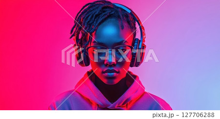 Young person with headphones immersed in music during colorful lighting display in urban environment at night Young person with headphones immersed in music during colorful lighting display in urban environment at night 127706288