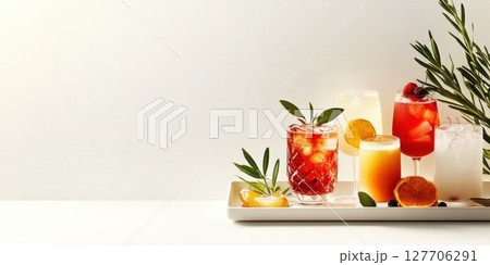 Refreshing collection of colorful cocktails served on a tray with greenery in a stylish setting during a sunny afternoon gathering 127706291