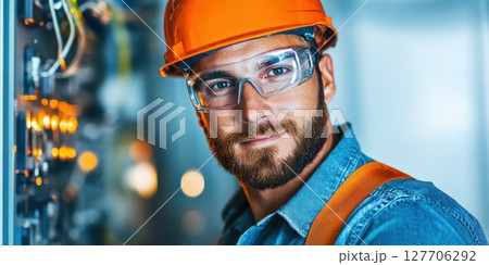 Skilled technician working on electrical systems in industrial setting wearing safety gear during daytime, showcasing expertise and precision in trade Skilled technician working on electrical systems in industrial setting wearing safety gear during daytime, showcasing expertise and precision in trade 127706292