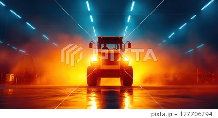 Heavy machinery operates in a brightly lit industrial warehouse during dusk creating a dramatic atmosphere with glowing orange light and engaging shadows 127706294