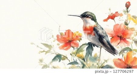 Colorful hummingbird perched among vibrant flowers in a serene natural setting during daylight hours 127706297