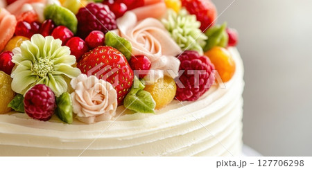 Colorful fruit and floral decorated cake topped with fresh strawberries, raspberries, and cream roses, perfect for a special celebration or party held indoors Colorful fruit and floral decorated cake topped with fresh strawberries, raspberries, and cream roses, perfect for a special celebration or party held indoors 127706298