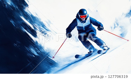 Skiing at high speed on snowy slopes in a winter landscape with a skier showcasing dynamic movement and skillful control in bright sunlight 127706319