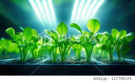 Growing greens in a hydroponic farm under bright LED lights showcasing healthy lettuce seedlings thriving in a controlled environment 127706324