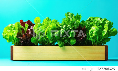 Fresh and vibrant assortment of leafy greens in a wooden planter against a bright teal background highlighting healthy eating choices Fresh and vibrant assortment of leafy greens in a wooden planter against a bright teal background highlighting healthy eating choices 127706325