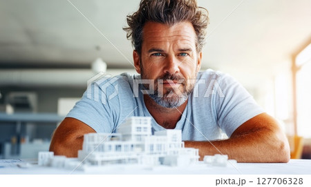 Architect focuses on building model while working in modern office, showcasing creativity and design skills during a bright morning in an urban setting 127706328